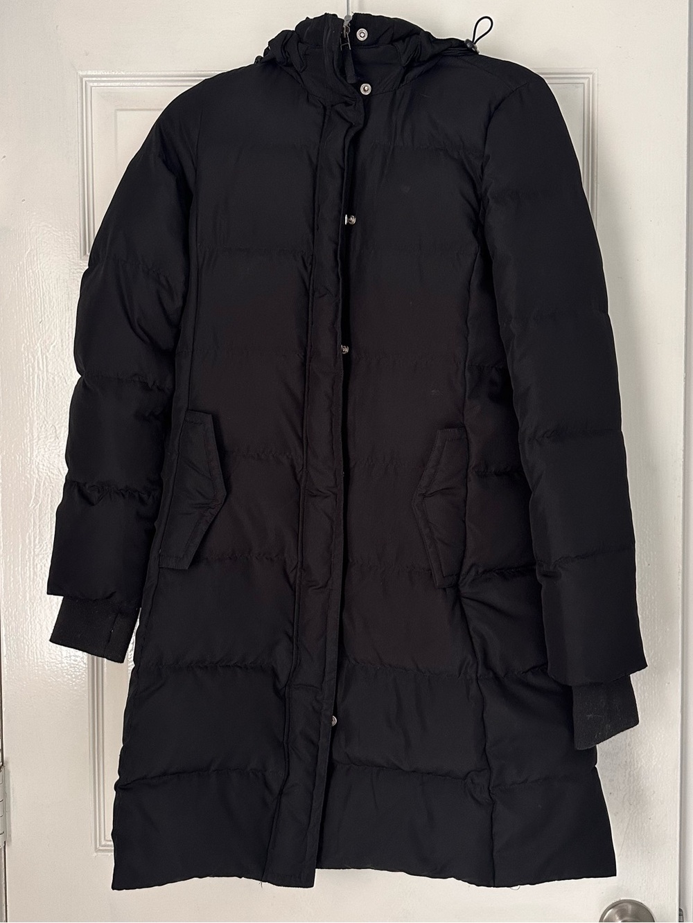 J.Crew Women’s XS Black Down Puffer Coat Hooded Mid Length Winter